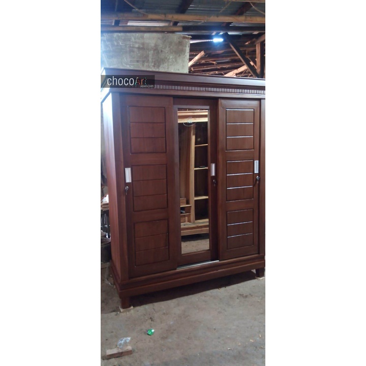 Lemari minimalis pintu 3 sleding kayu jati asli jepara lemari custom chocoart jepara lemari terbaru