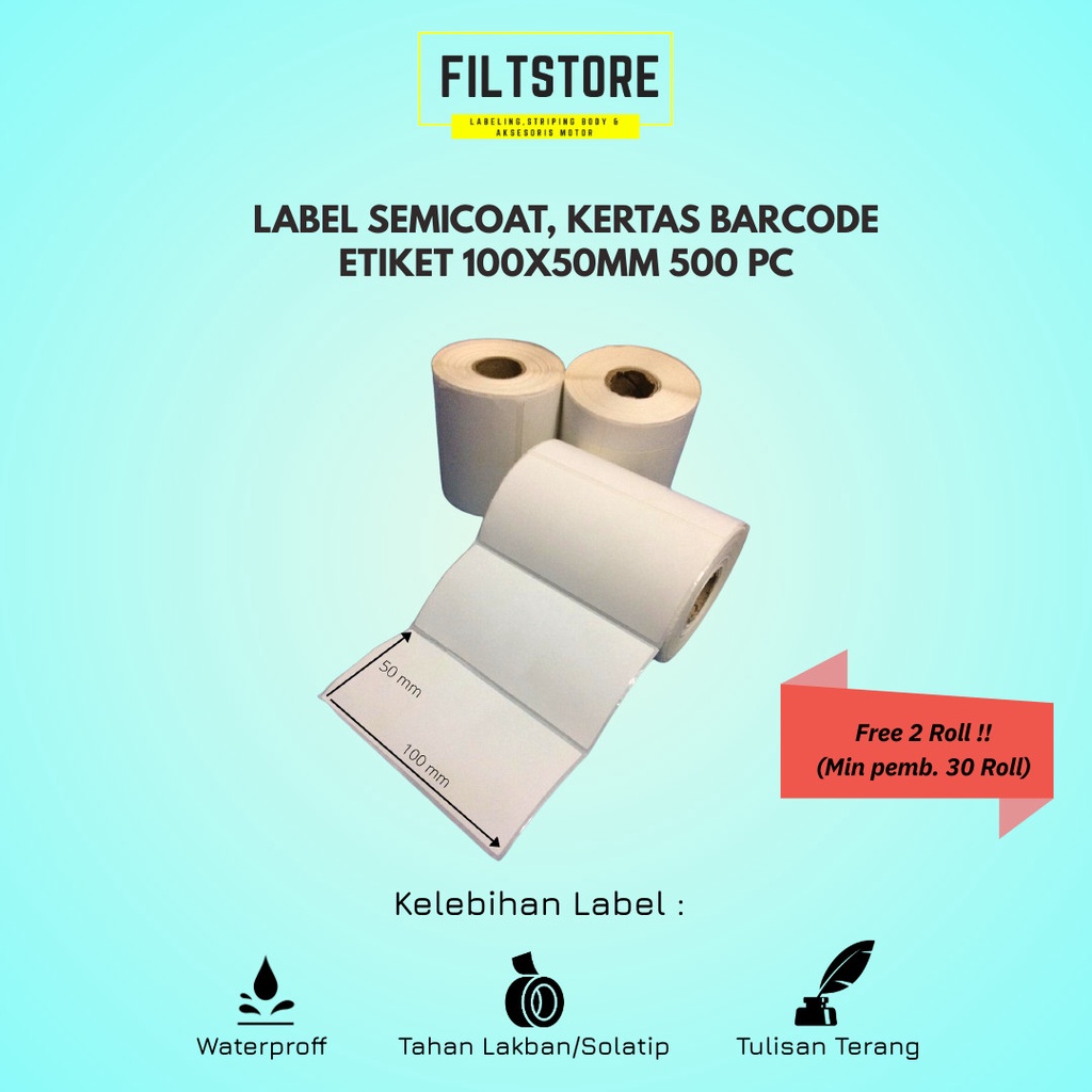 

KERTAS THERMAL - LABEL SEMICOAT, KERTAS BARCODE ETIKET BARCODE RESI STICKER 100X50MM 500 PCS/ROLL
