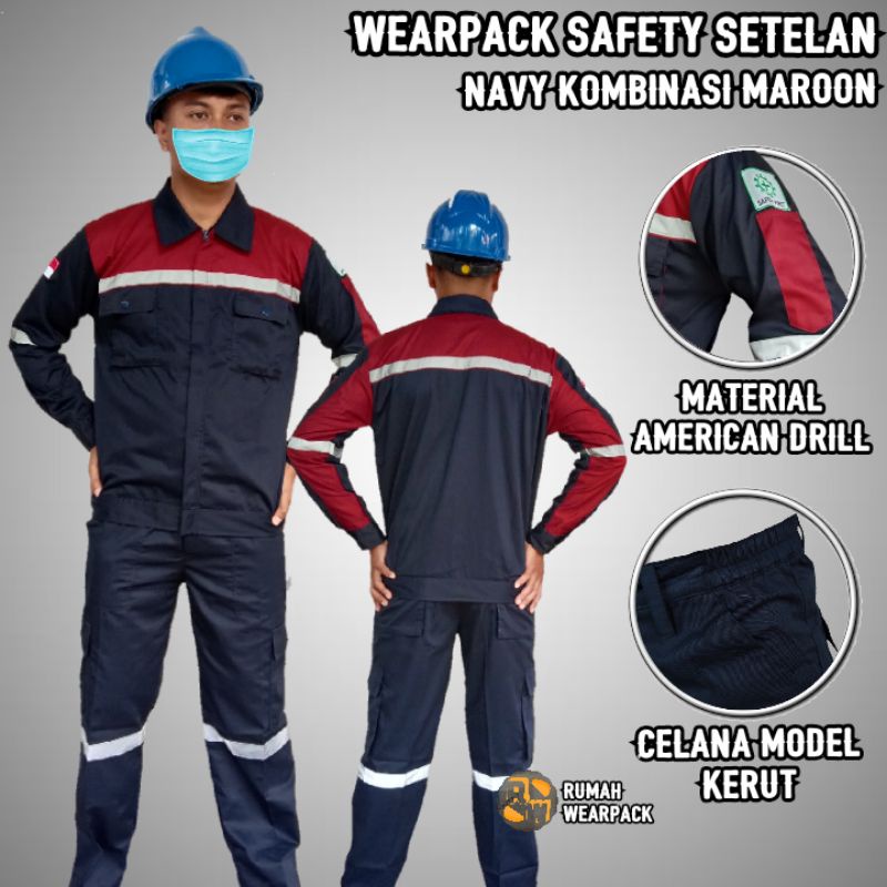 Wearpack Proyek dan Celana Kerja Setelan Navy Kombinasi Merah Maroon