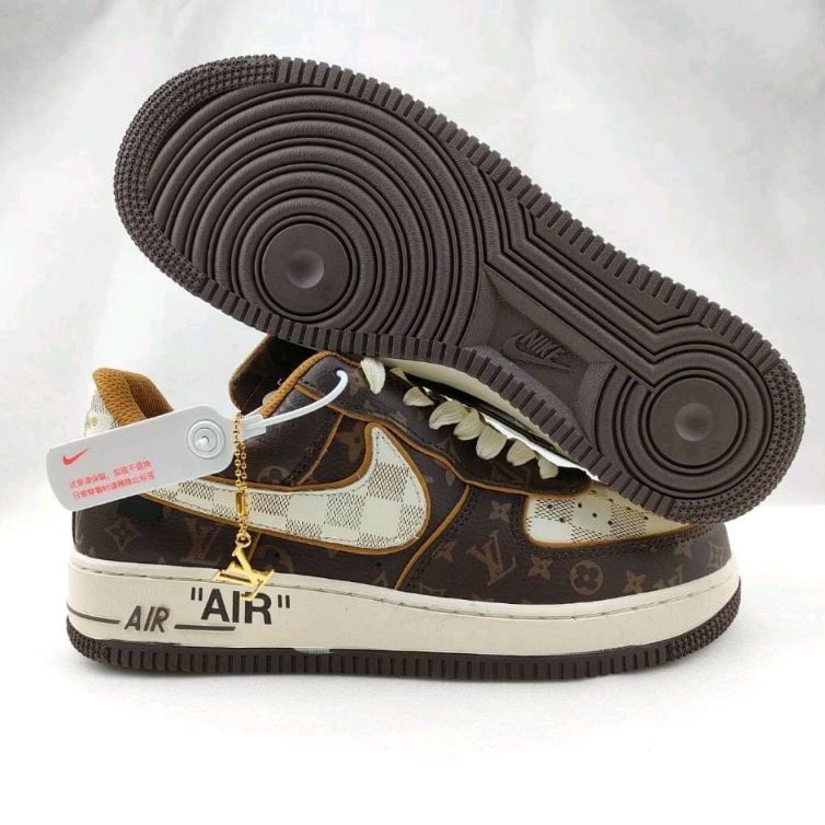 SEPATU PRIA NIKE AIR FORCE ONE X LOUIS VUITTON " WHITE BROWN " PREMIUM QUALITY.