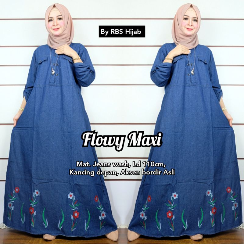 Flowy Maxi gamis jeans bordir, gamis cewek jumbo, gamis jeans jumbo