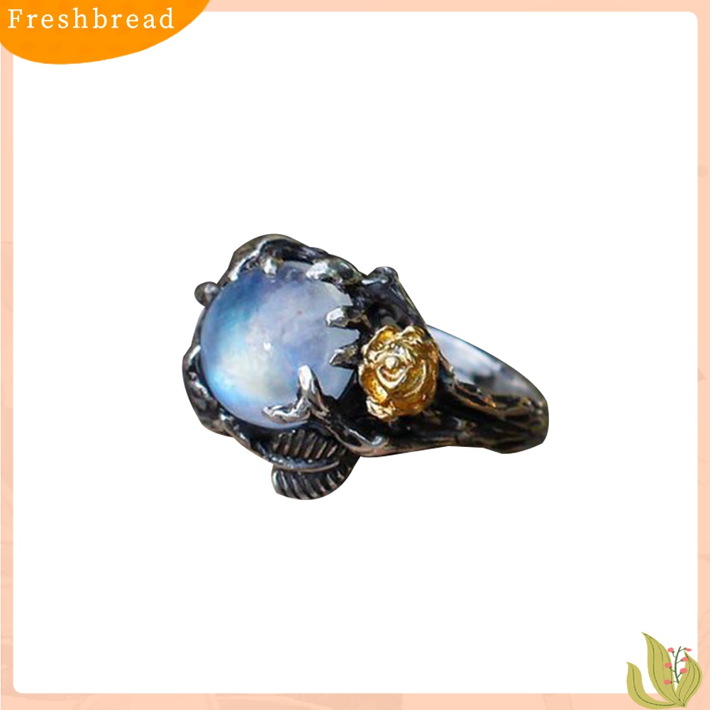 Fresh| Cincin Wanita Desain Bunga Mawardaun Hias Moonstone Imitasi Bentuk Bulat Gaya Vintage Untuk Pesta