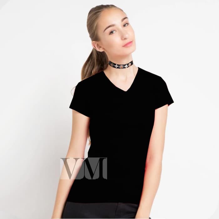 VM Kaos V Neck Wanita Polos pendek - Hitam, S