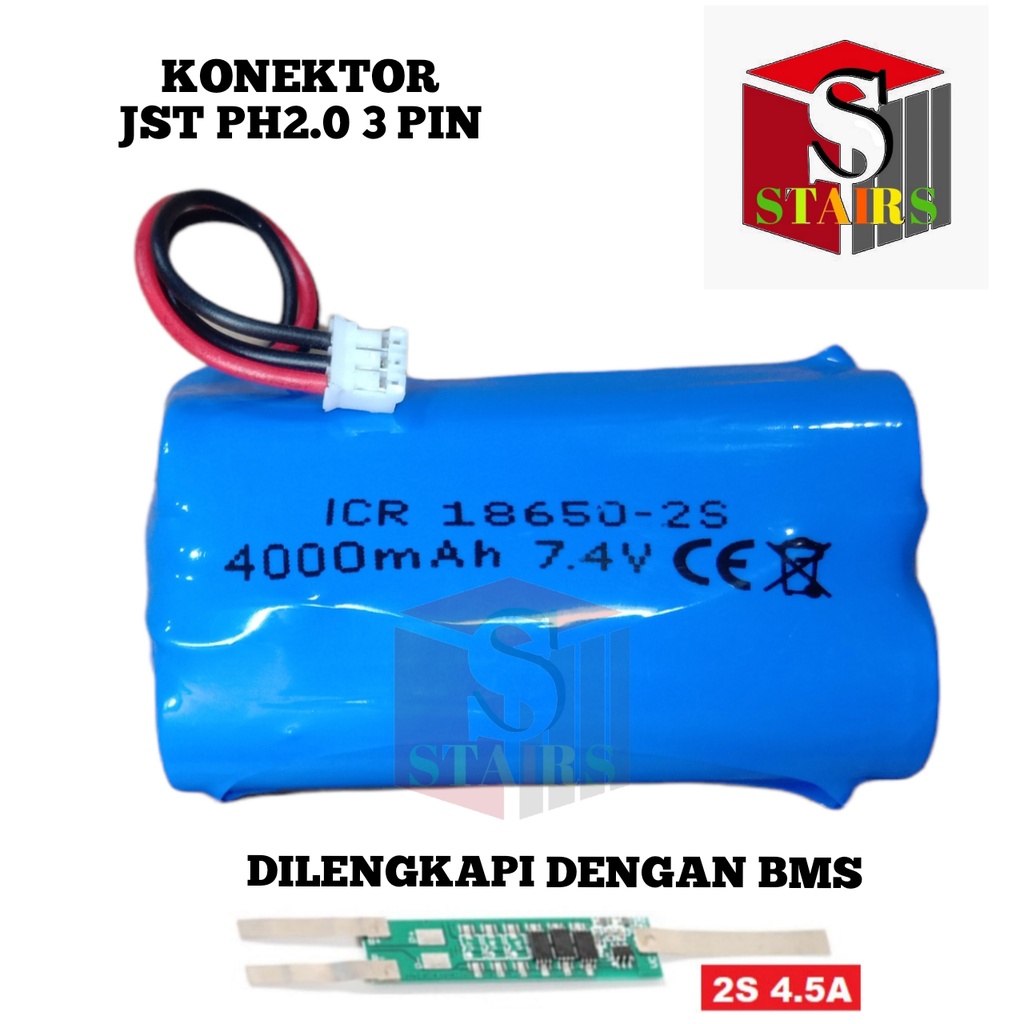 Baterai RC/ Baterai Speaker Bluetooth &amp; Elektronik Lainnya 2x 18650-2S 4000mAh 7.4V Protektor BMS 4.5A Konektor JST PH2.0 3 PIN