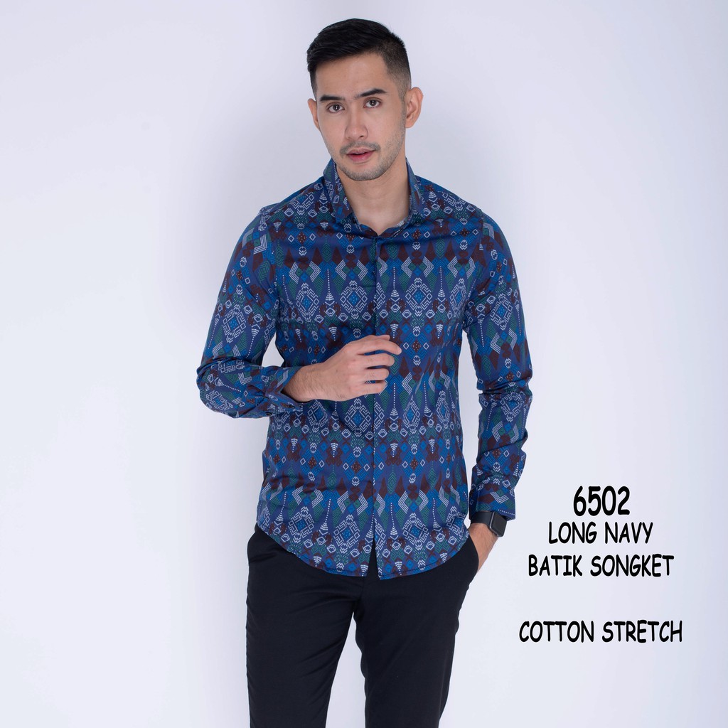 Kemeja Batik Pria Lengan Panjang Dan Pendek Long Batik Songket Navy Slimfit Murah Distro 6502