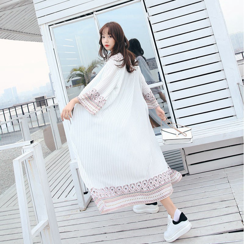 PRMO EDITION      Best Cardigan Kimono Wanita Lengan Panjang Motif Print Garis Bahan Sifon untuk