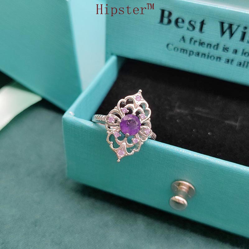 Ornament Fashion Natural Amethyst Open Ring for Women