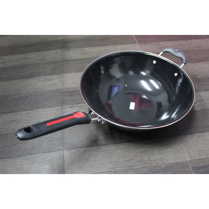 Set Wajan Teflon Gagang &amp; Kuping Merah 34cm -Wajan Penggorengan Wajan Enamel