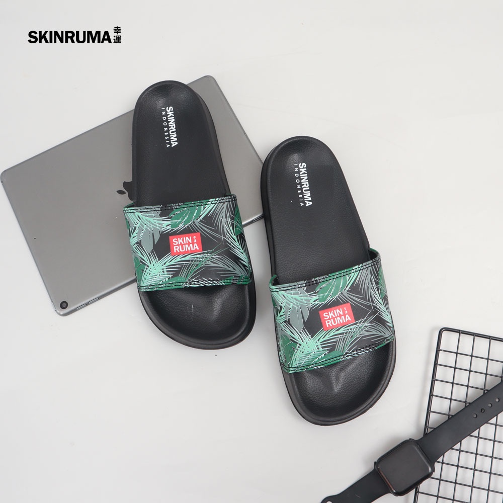 Sendal Selop Casual Pria SKINRUMA Original Leaf Green Motive Hitam / Sendal Slide Pria / Sendal Slip On Pria