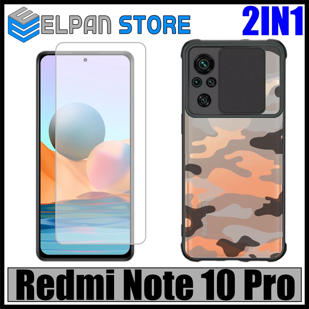 Case Redmi Note 10 Pro Paket 2in1 Softcase Slide Army Free Tempered Glass Layar