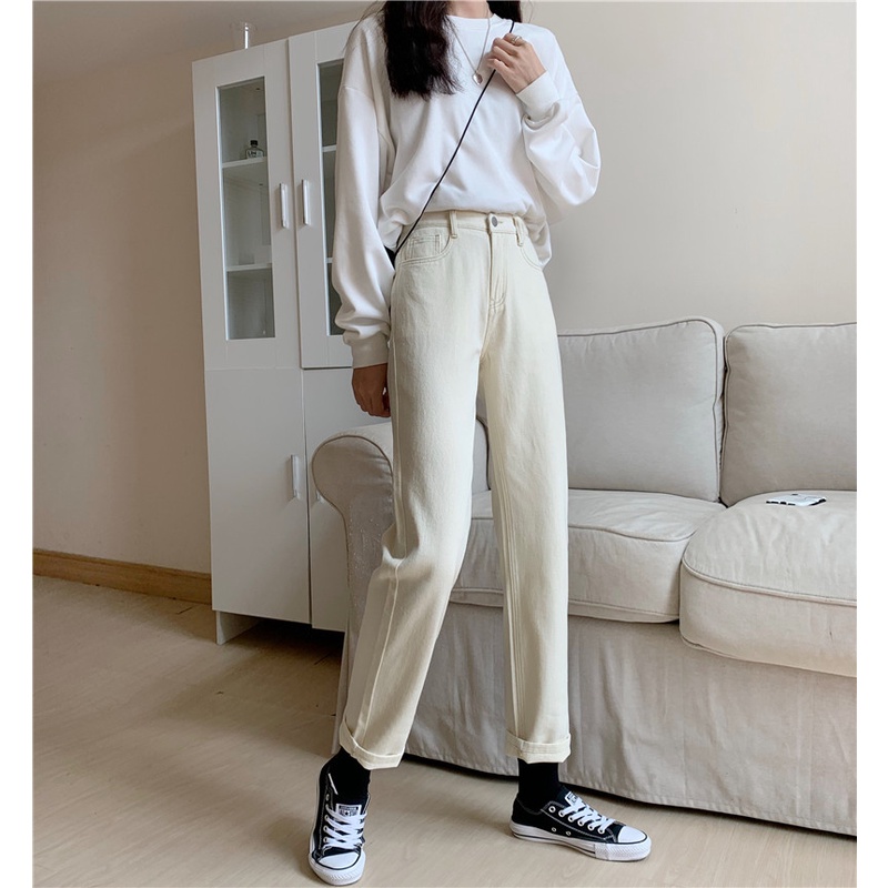 New krem high waist kekinian korean style murah celana jeans wanita
