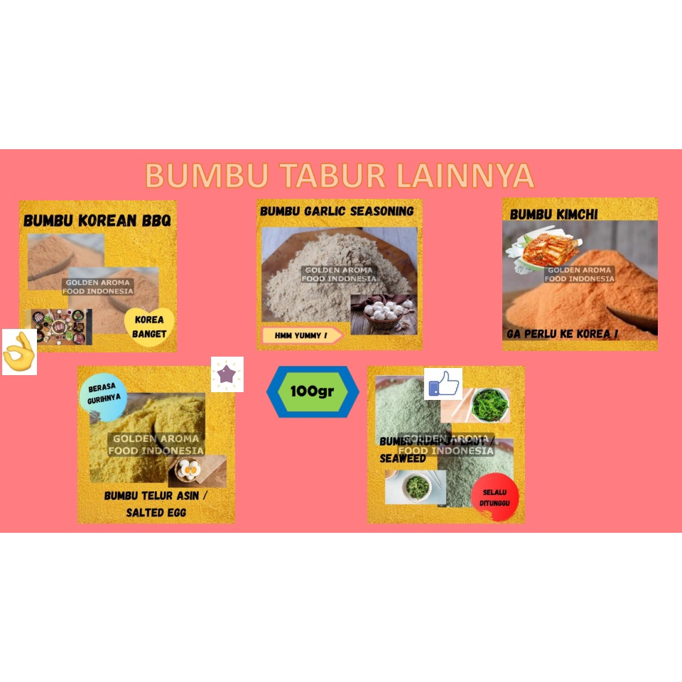 

Bumbu Tabur Lain Beraneka Rasa Murah Pedas Gurih Rumput Laut Kimchi Garlic Seasoning Enak (100gr)