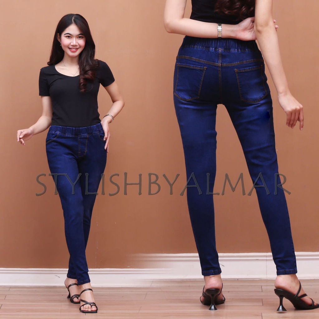 celana jeans wanita pinggang karet legging cewek pensil slim fit ukuran jumbo 31 sampai 42 Hitam biru dongker biru muda abu