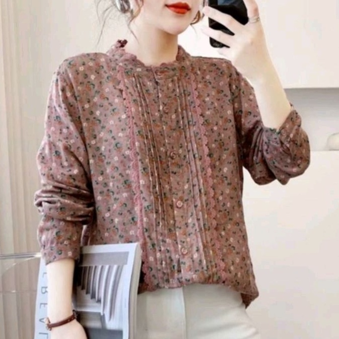 4630 Baju atasan kemeja blouse lengan panjang motif bunga floral Korean style top hijau ungu wanita 