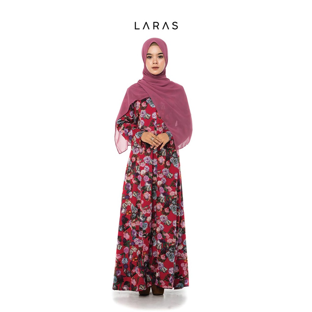 Gamis Bahan Kaos Denim Busui Friendly Motif Bunga Fashion Muslim Warna Merah