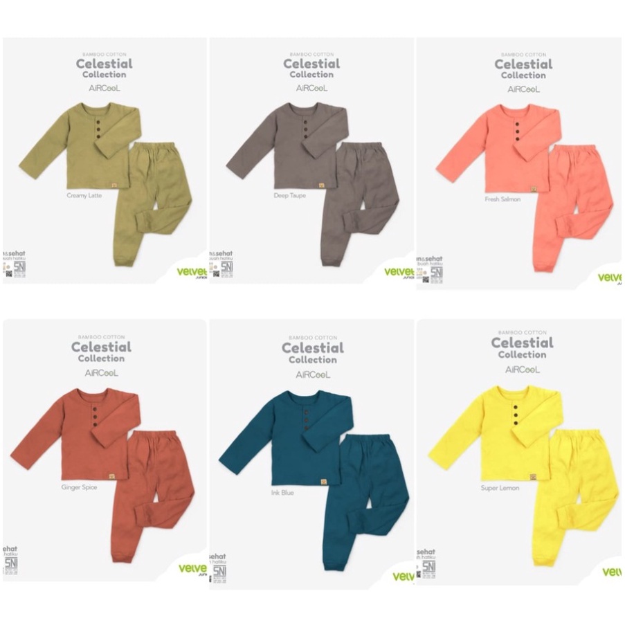 VELVET JUNIOR BAMBOO COTTON AIRCOOL SETELAN BAJU PANJANG KANCING DADA/ KANCING TENGAH+CELANA PANJANG CELESTIAL SERIES