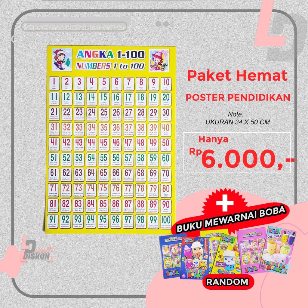 

PAKET HEMAT !!! Poster Pendidikan Mengenal Angka 1-100 + Mewarnai Boba | Poster | Angka 1-100