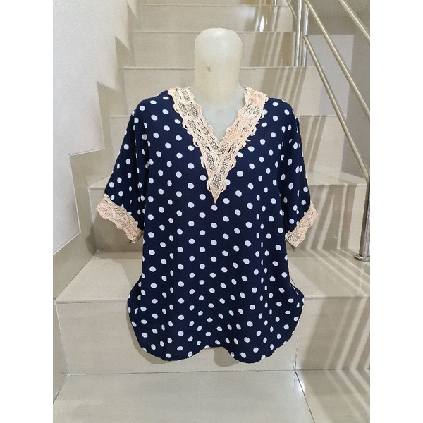 Blouse Brukat Bunga Renda Combi Brukat Impor XL-2XL-30-4 Navy