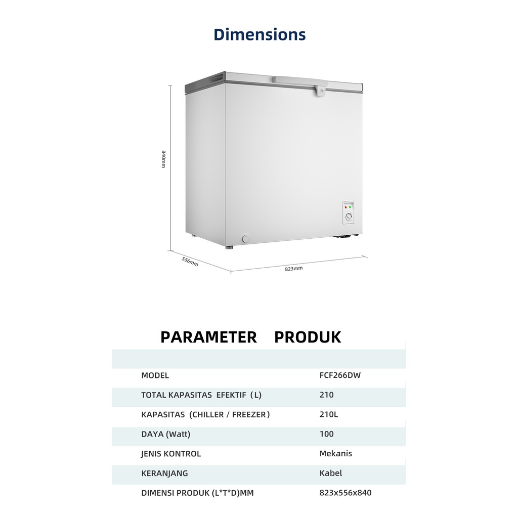 Changhong Chest Freezer FCF266DW Kapasitas 210 Liter  (fast freezing) (design look minimalis) ( Big Capacity) (Voltase Yang Stabil) (Perlindungan Tanpa Listrik) (Perlindungan Tanpa Listrik) (Suhu Hingga -24 Derajat) (Daya Listrik Rendah/Low Watt)