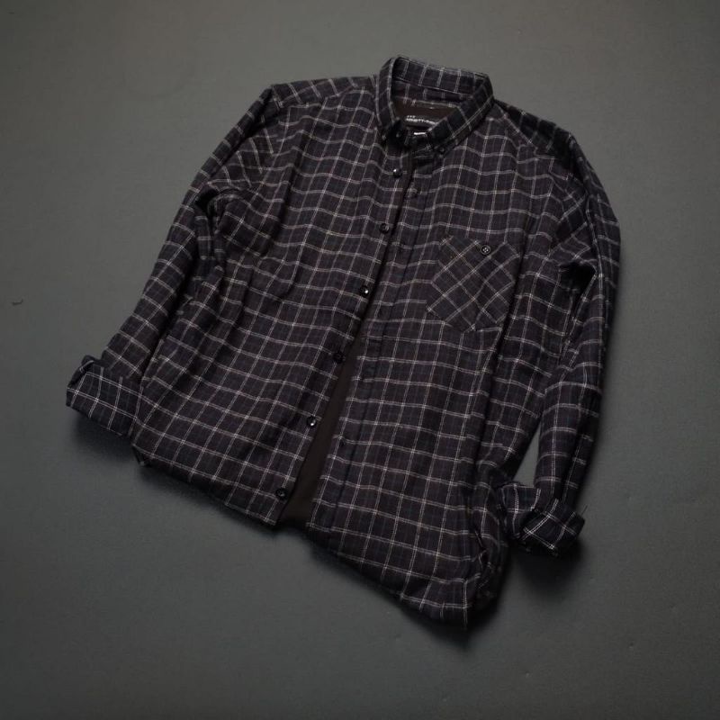 YB KEMEJA FLANEL LENGAN PANJANG MODEL SLIM FIT PRIA LONG SLEEVE PUTIH KOTAK HITAM