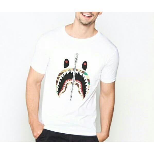 Kaos Pria / Kaos Distro / Kaos Cowo Bape Shark - Putih