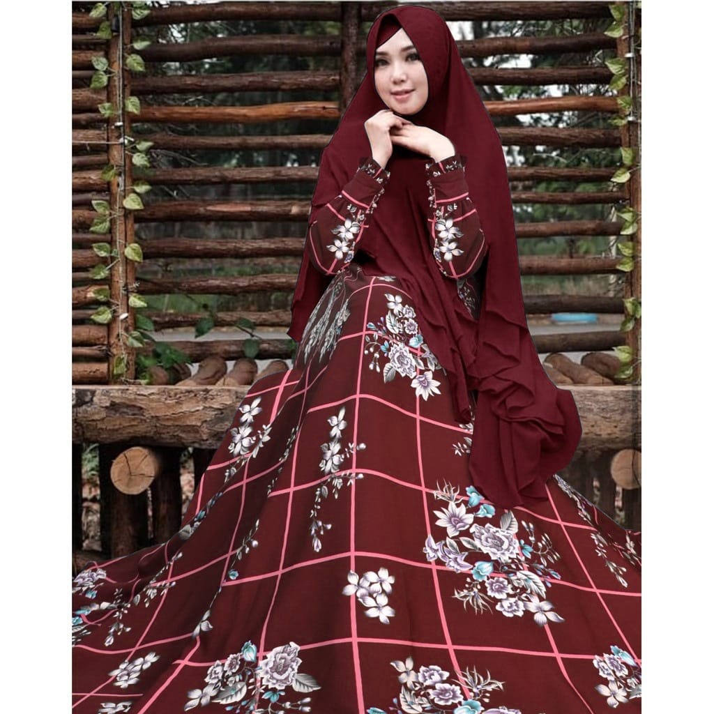 gamis set khimar.kotak bunga mocca