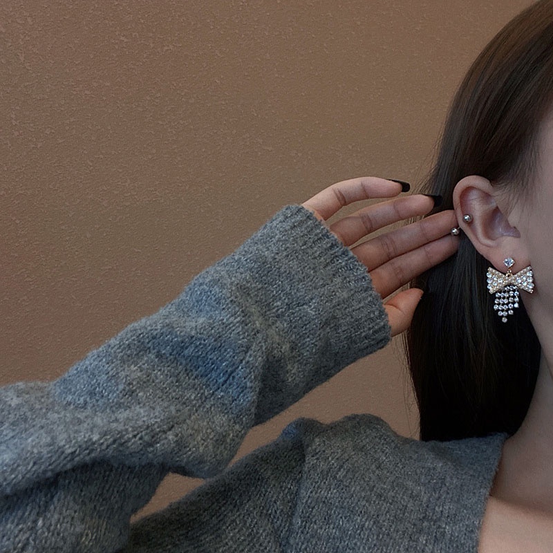 Anting Tusuk Sterling Silver 925 Desain Pita Hias Mutiara + Berlian Untuk Wanita