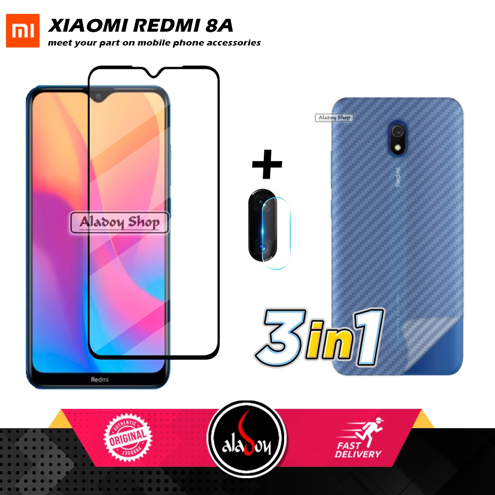 Tempered Glass Layar Xiaomi Redmi 8A Free Tempered Glass Camera dan Skin Carbon