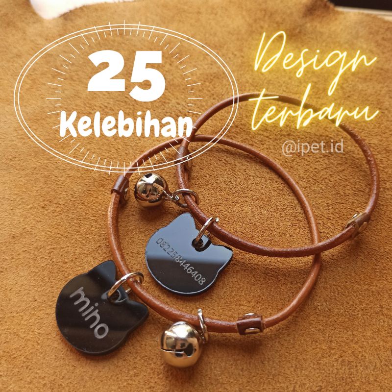 KALUNG KUCING NAMA CUSTOM BOLAK BALIK ANTI RONTOK WATERPROOF LONCENG KULIT