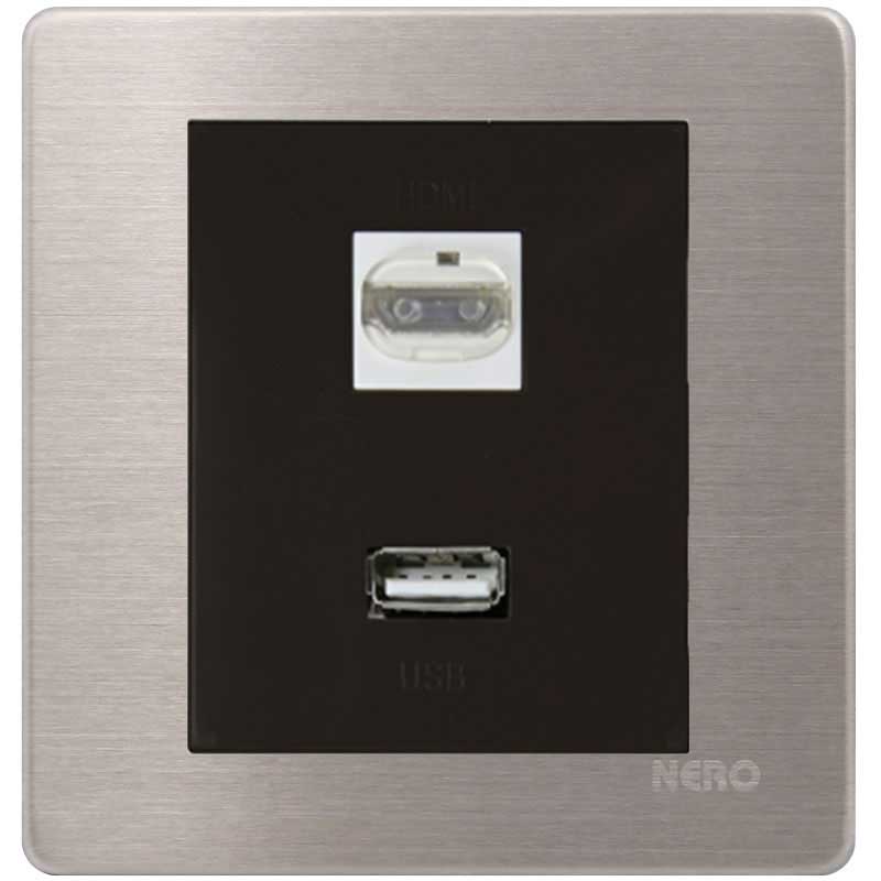 STAINLESS V882 - Stop Kontak 2 Gang HDMI + USB Socket NERO