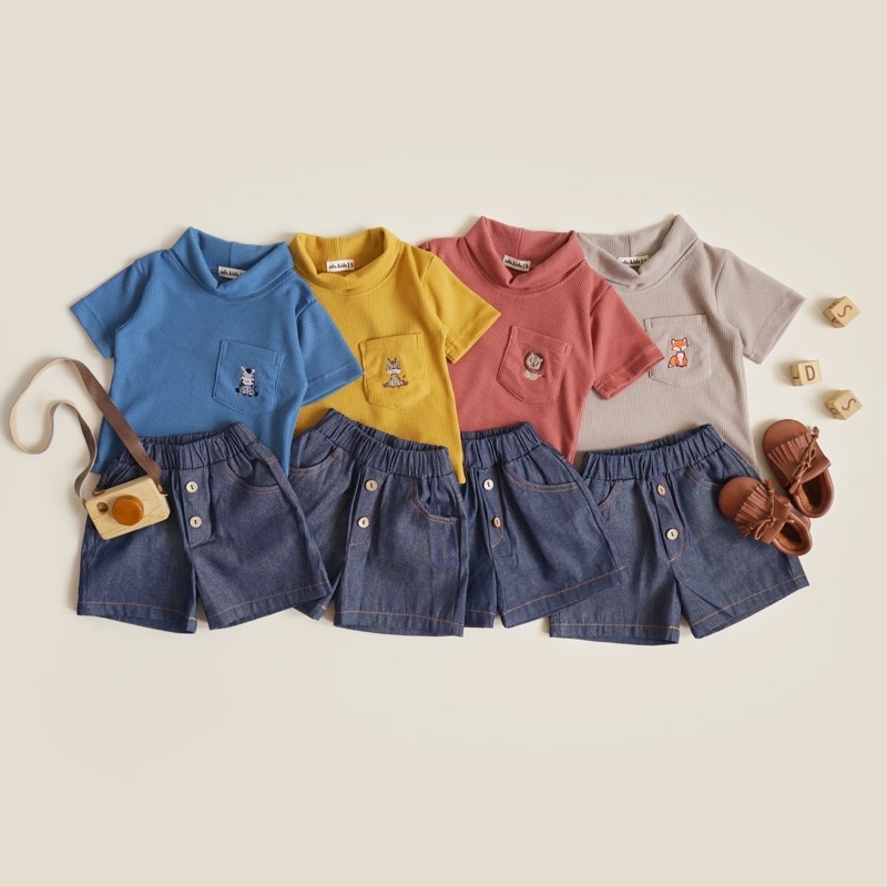 BOOMI SET TURTLENECK PENDEK Setelan Couple Waffle Jeans lengan dan celana pendek