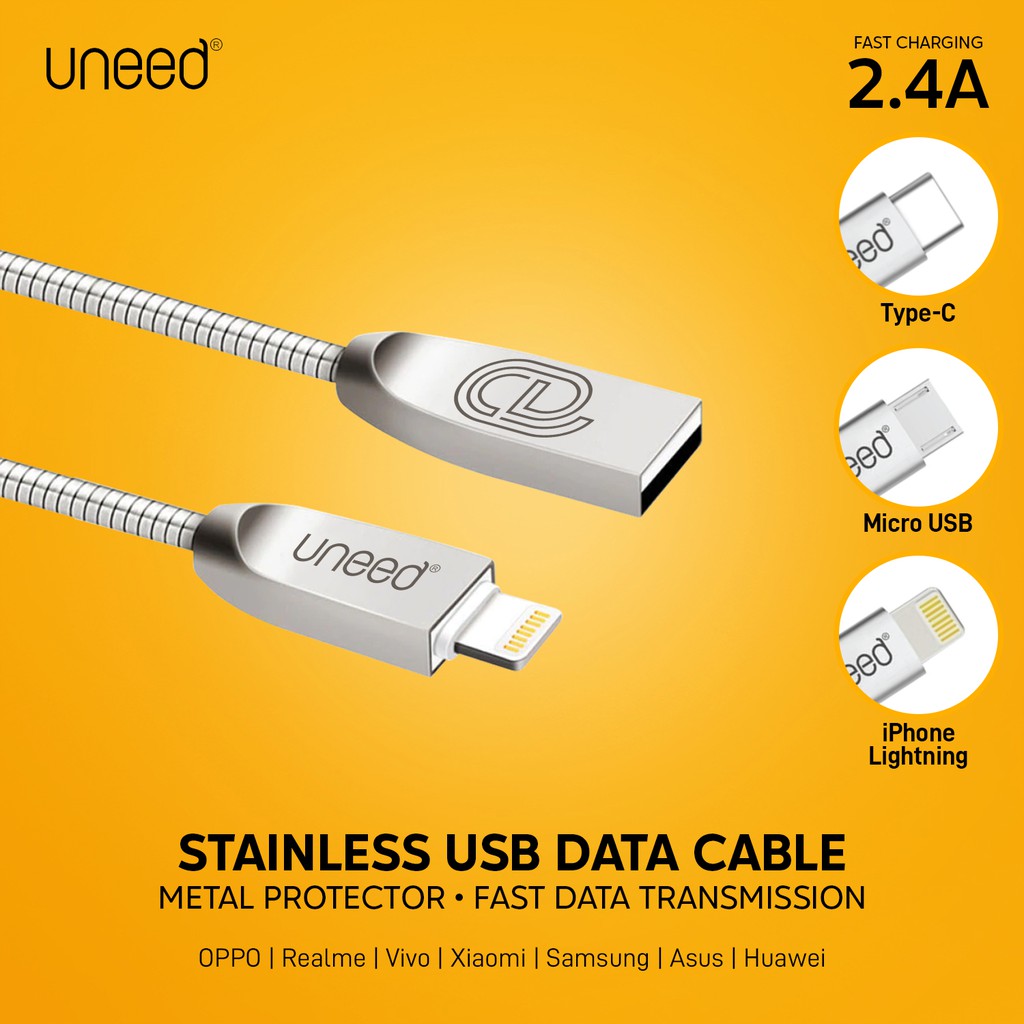 Uneed Stainless Steel Kabel Data Micro USB / USB Type C / iPhone Lightning Fast Charging 2.1A