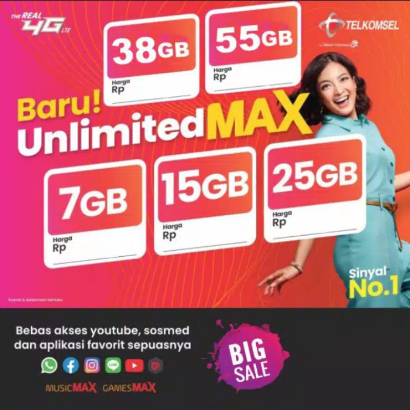 PAKET DATA TELKOMSEL UNLIMITED MAX 3GB 7GB 15GB 25GB 38GB 55GB