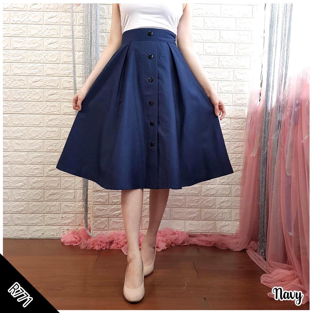 Rok polos wanita lebar midi plain skirt R771-NAVY