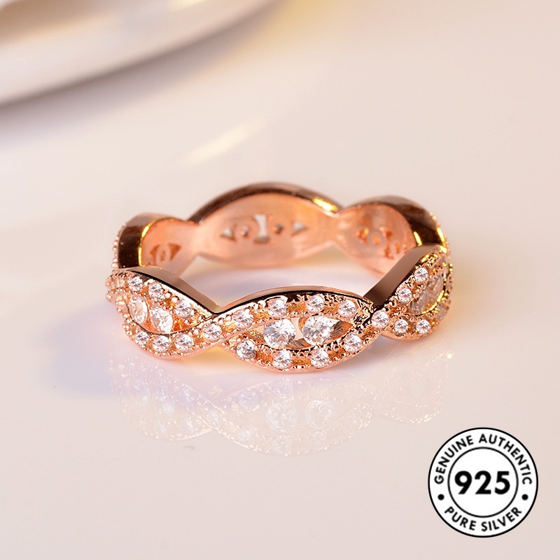 Cincin Sterling Silver 925 Model Silang Warna Rose Gold Dengan Berlian Imitasi Untuk Wanita