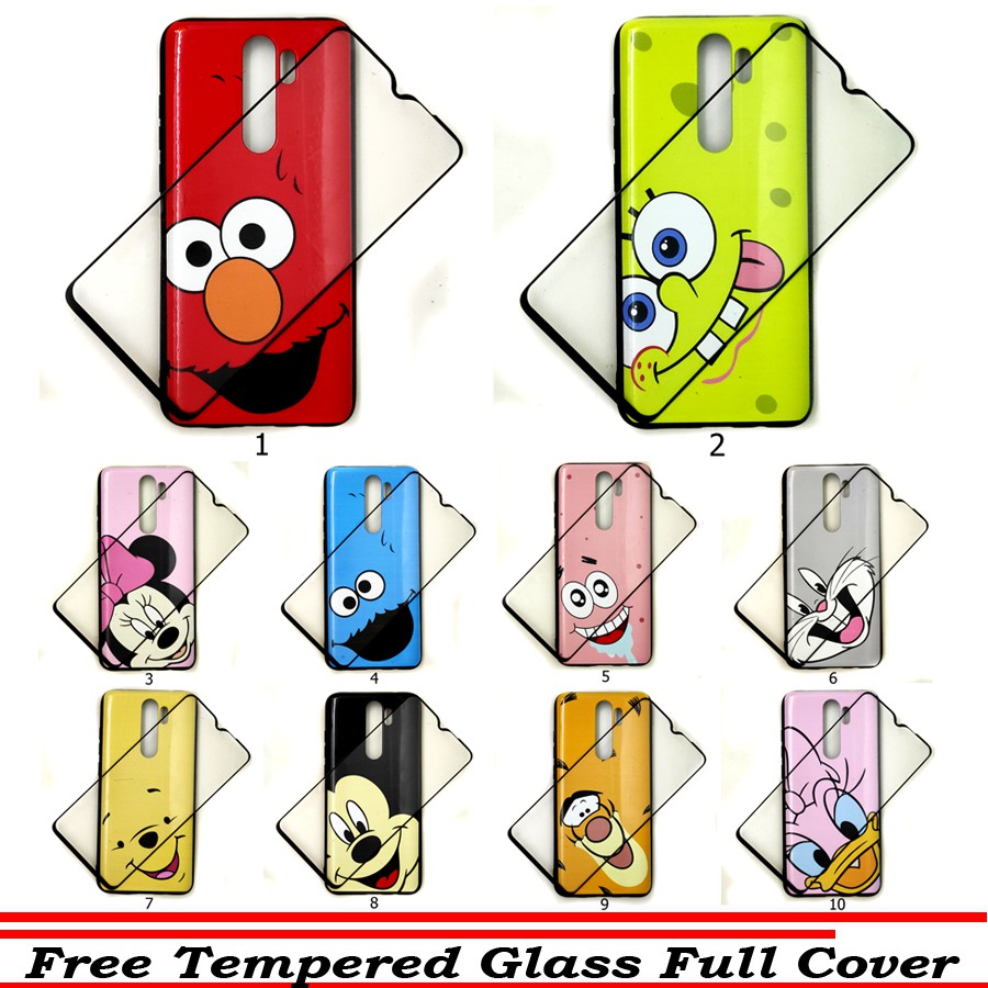Xiaomi Redmi Note 8 Pro Case Karakter Kartun Niekelodeon Disney + Tempered Glass Full Cover