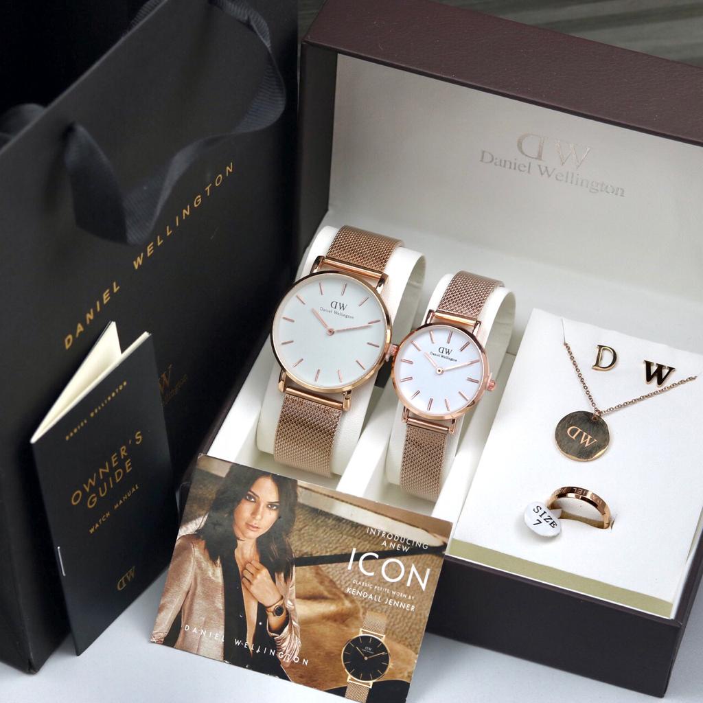 Premium (RRW) JAM TANGAN DW COUPLE RANTAI STAINLESS PASIR PAKET 1 SET FREE ANTING + KALUNG + CINCIN