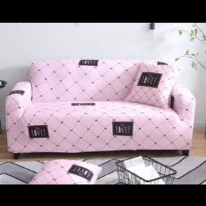 COVER SOFA SEATER sarung sofa elastis stretch - Pink kotak