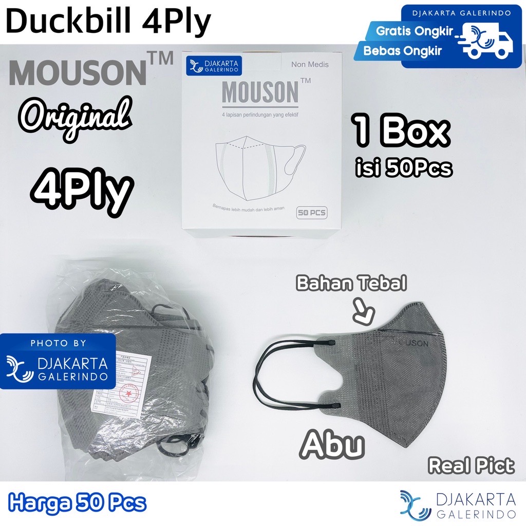 Masker Duckbill 4Ply Abu Grey Silver Alkindo Mouson isi 50Pcs