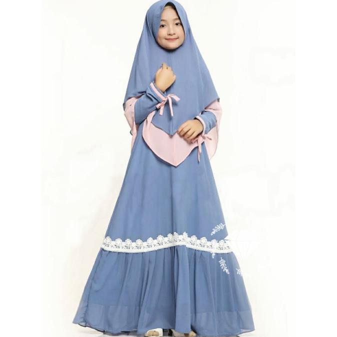 ( BISA COD ) GWENITA KIDS BAJU SYARI GAMIS ANAK REMAJA SMP USIA UMUR 13 - 14 TAHUN - Biru KOMPLIT