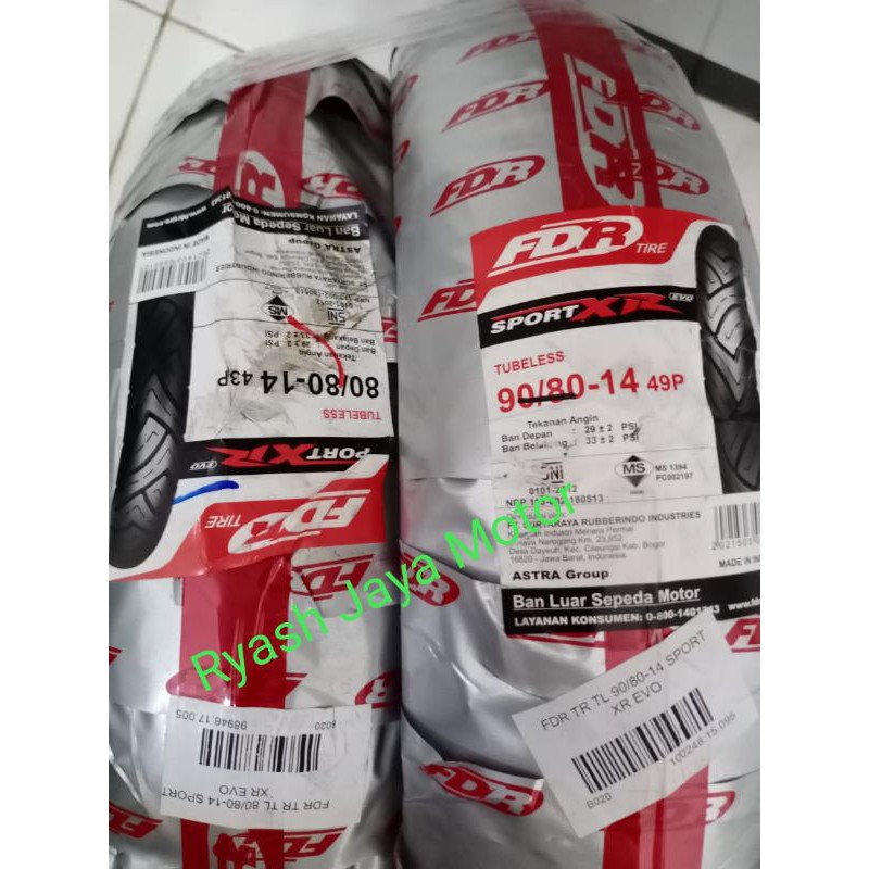 Ban tubeless paket  depan &amp; belakang FDR XR Sport ukuran 80/80-14 &amp; 90/80-14 for beat/Vario/Mio/Soul