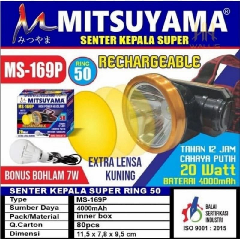 Senter Kepala/Headlamp Rechargeable Mitsuyama MS-169P 20W+Bohlam 7W Cahaya Terang