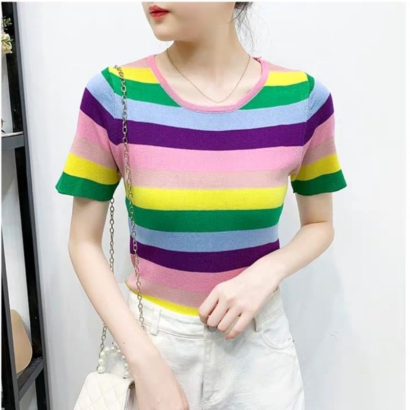 MDLV ~ 2766 RAINBOW KNIT TSHIRT // KAOS RAJUT CEWEK IMPORT // FASHION IMPORT WANITA