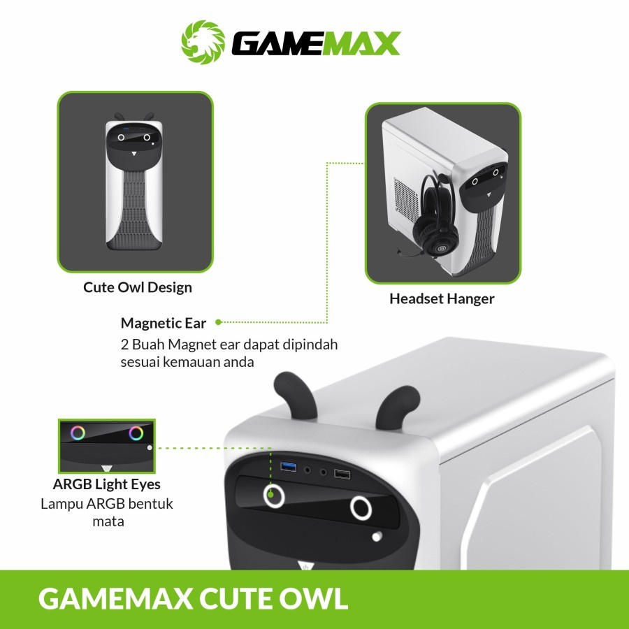 Casing Komputer Gamemax Cute Owl m-ATX Free 1 Fan RGB