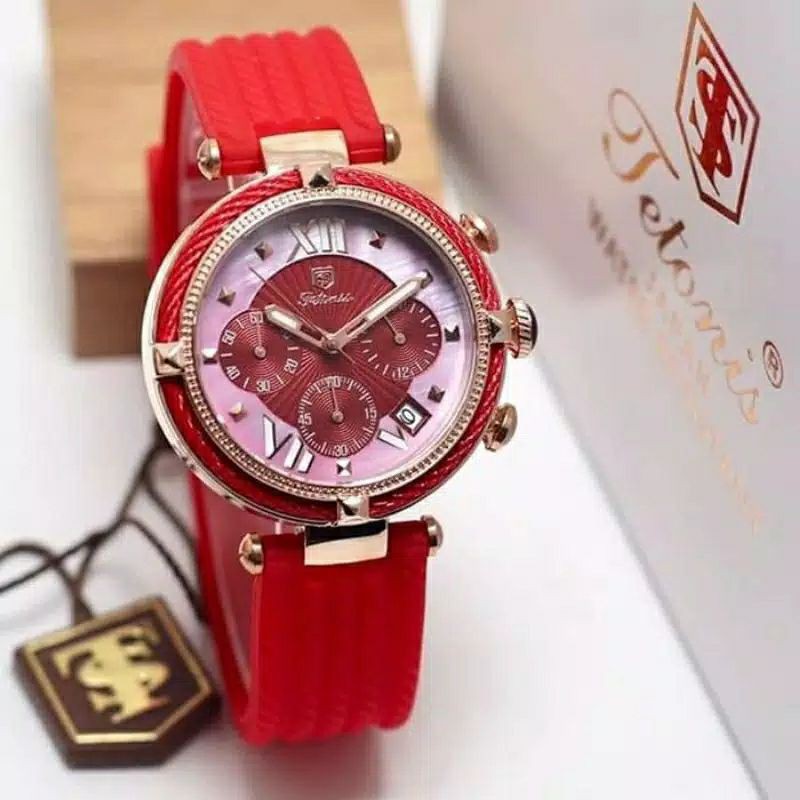 Jam Tangan Wanita Tetonis Original Crono Aktif Tali Rubber - Tetonis Tali Merah Original