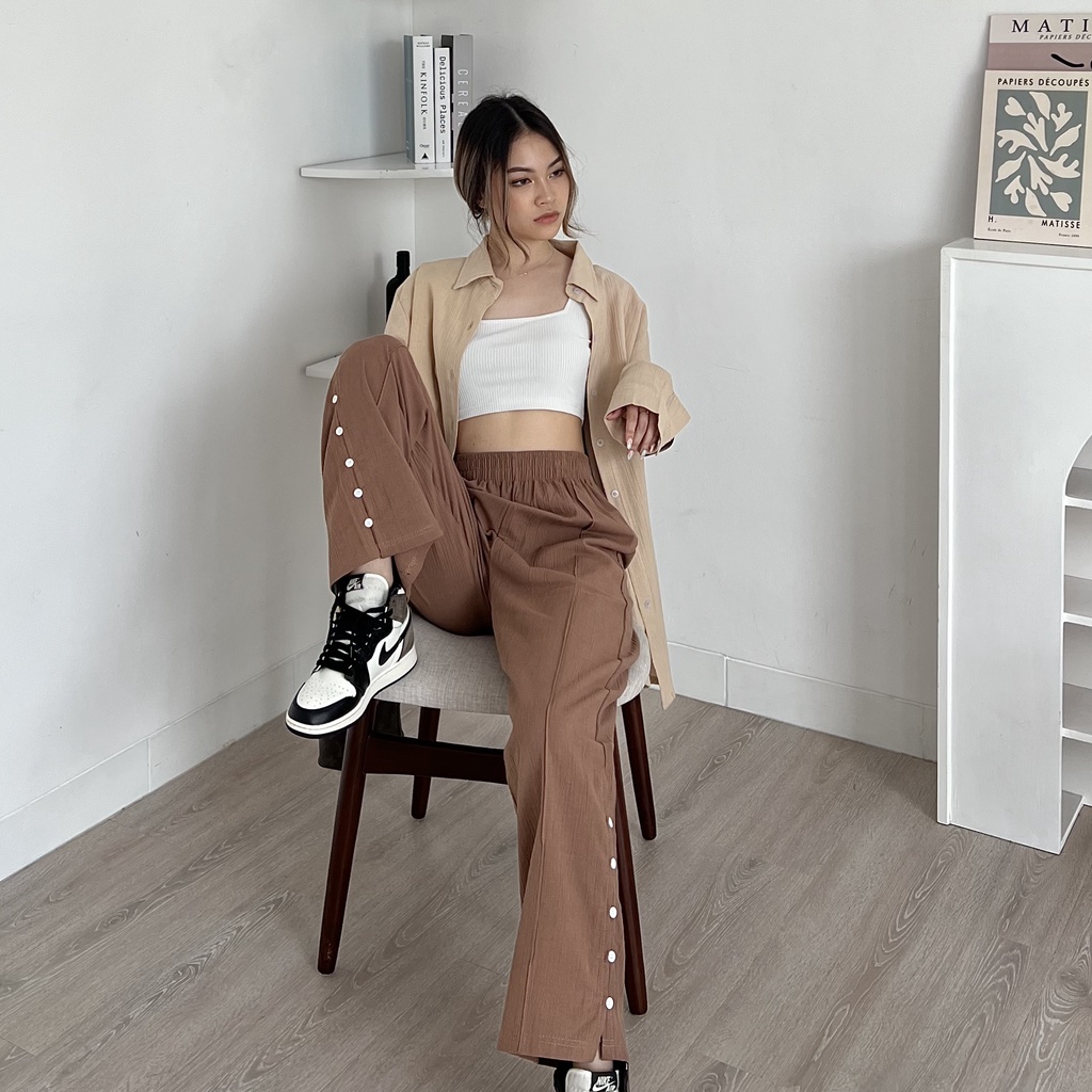 Celana linen crinkle w slit button
