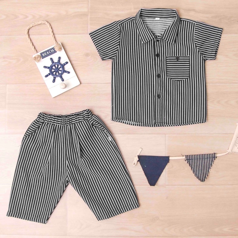 Jikialiang - SETELAN KEMEJA CELANA 7/8 SALUR ANAK LAKI LAKI &amp; PEREMPUAN ( UNISEX) USIA 1-6 TAHUN (SALUR HITAM)