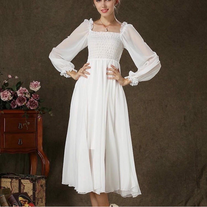 dress casual semi formal warna putih dada karet lengan puff bahan chiffon premium CODE TG49-840