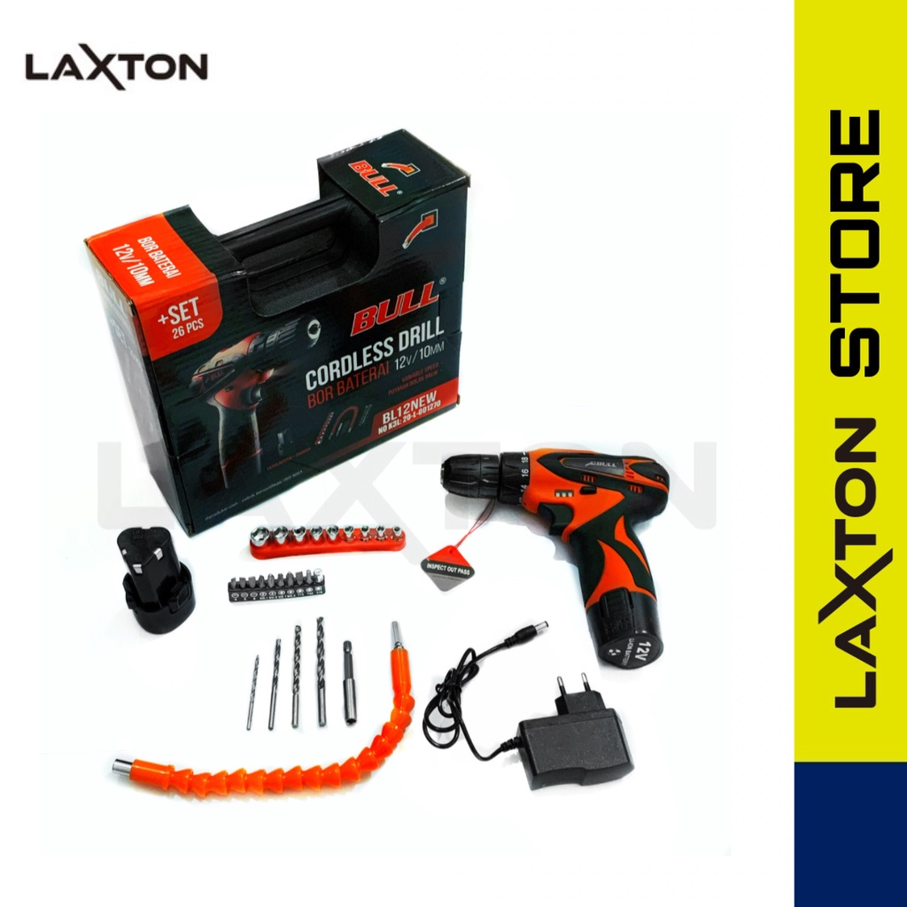 Mesin bor baterai charge cordless drill set 10mm BULL BL12NEW MURAH