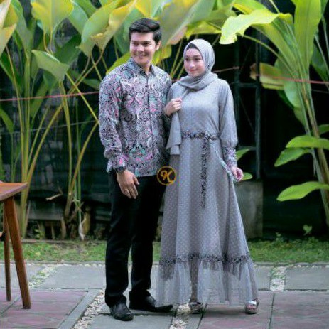 Baju Couple Kemeja Gamis Elegan Silver Bahan Katun Motif Batik Mix Maxmara Tile Doty Elegan